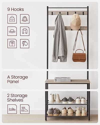 VASAGLE Coat Rack, Hall Tree with Shoe Storage Bench, Entryway Bench with Shoe Storage, 3-in-1, Steel Frame, for Entryway, 12.6 x 27.6 x 68.9 Inches, Industrial, Greige and Black UHSR41MB thumbnail 7