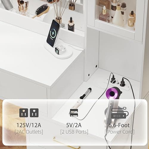 Makeup Vanity Desk with Mirror and Lights, Makeup Vanity Table with Lighted Mirror, Nightstand Dressing Table with Mirror and Lights, 51" Big Vanity with 6 Drawers & Lots Storage Space for All Girls thumbnail 7