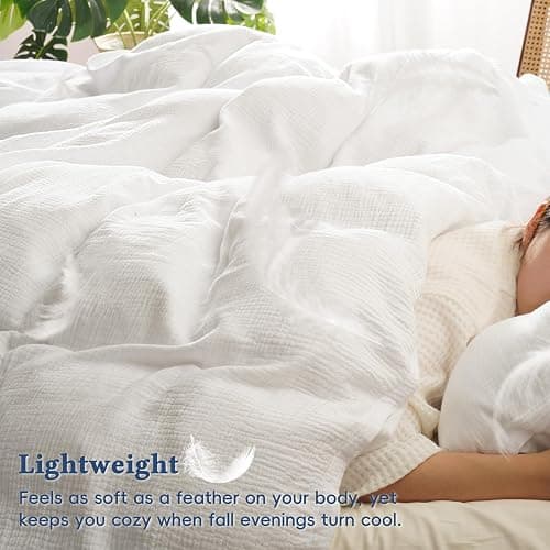 David's Home 100% Cotton Muslin Duvet Cover Set Queen Size,3 Pcs Ultra Soft Breathable & Lightweight Gauze Bedding Set with 2 Pillowcases,Textured Home Decor with Button, 90"×90" White,No Insert thumbnail 4