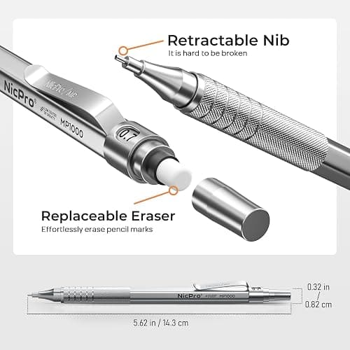 Nicpro 2 PCS Mechanical Pencil 0.5mm & 0.7 mm with Case, MP1000 Metal Artist Pencil Set with 6 Tubes HB Lead Refills, 3 Erasers, 9 Eraser Refills For Art Writing Drafting, Drawing, Sketch, Silver thumbnail 3