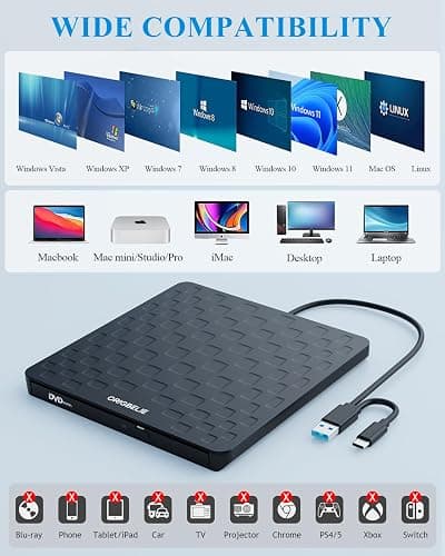ORIGBELIE External CD DVD Drive for Laptop, USB 3.0 Type-C Ultra Slim 13mm DVD Player Portable CD DVD +/-RW Drive CD Burner Reader Writer Recorder for Desktop PC Windows 11/10/8/7 Linux Mac OS (Black) thumbnail 6