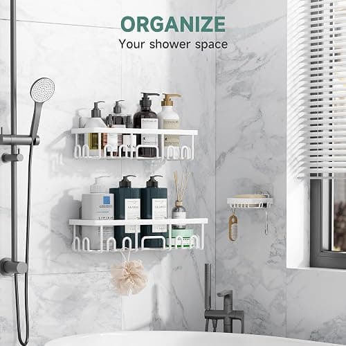 Veken Shower Caddy 3-Pack, Advanced Rustproof Design, No Drilling Adhesive Shelves, Rack with Soap Holder, Large Capacity Bathroom Organizers and Storage, Wall-Mounted Kitchen & Home Decor, White thumbnail 5