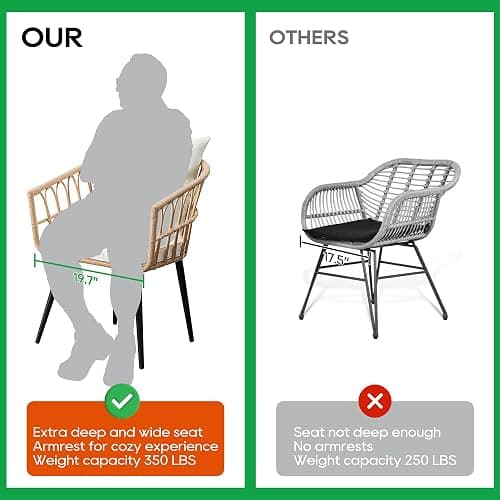 PORWEY 3 Piece Patio Bistro Set, Outdoor Wicker Apartment Balcony Furniture Sets, Rattan Table and Chairs Set of 2 for Porch Backyard Lawn Poolside Deck, Beige thumbnail 4