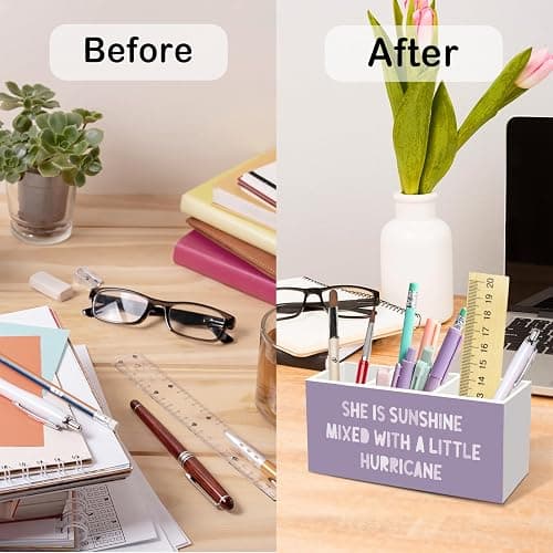 nvucamd Purple Inspirational Pen Pencil Holder for Desk Decor, Purple Office Desk Accessories, Motivational Pen Holders Organizer for Girls Room Nursery, She Is Sunshine Mixed with a Little Hurricane thumbnail 7