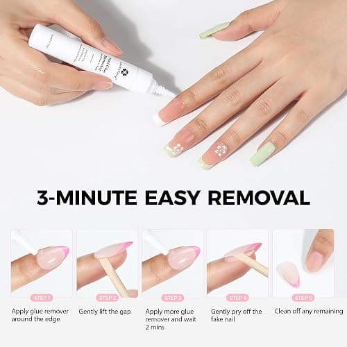 Super Strong Nail Glue for Press On Nails: 10g Semi Nail Glue with 12ml Glue Remover Kit, Quick Dry, No UV Lamp Needed with Gentle Non-Acetone Remover, Long Lasting for Acrylic Fake Nails Tips thumbnail 4