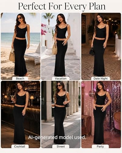 Lybiogs Two Piece Skirt Set for Women - Sexy Sleeveless Spaghetti Strap Pleated Tank Top Maxi Long Skirts Sets thumbnail 7