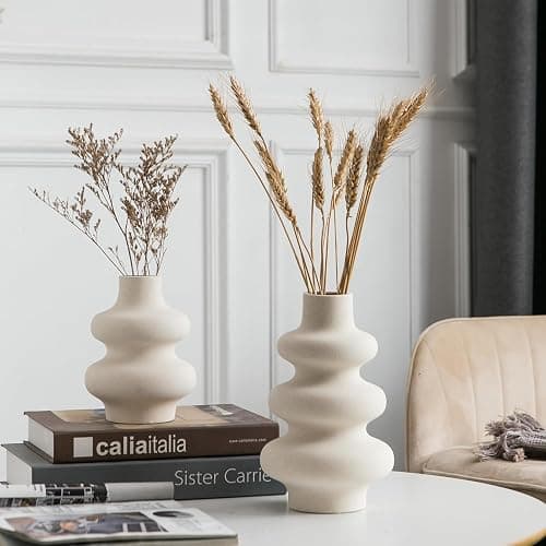 Sowlvenco Ceramic Vase Set of 2 - Off White Boho Round Vases, Modern Pampas Vases, Dried Flower Vase Home Decor for Centerpieces Wedding Dinner Table Party Living Room Office Bedroom thumbnail 6