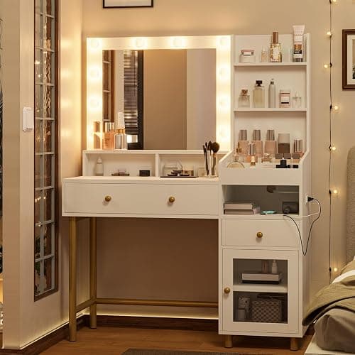 VIAGDO White Vanity Desk with Mirror and Lights, Makeup Vanity with Charging Station & 3 Storage Compartments, Makeup Desk with Drawers and Open Storage Shelves, Bedroom Dressing Table - Image 1