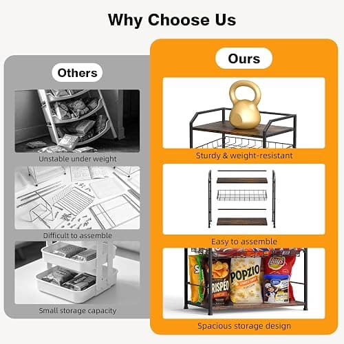 3 Tier Adjustable Snack Organizer for Countertop Wood Metal Rack | Large capacity snack stand, adjustable shelf & stable feet for kitchen pantry, office snack station & retail candy thumbnail 6