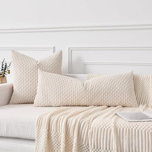 Kevin Textile 14x36 Inch Long Lumbar 1 Pack Boho Decorative Throw Pillow Cover Soft Striped Corduroy Rectangle Cushion Case Farmhouse Solid Color Accent for Living Room Couch Sofa Bed, Cream White thumbnail 8