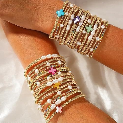 SHINUS BOHO 14K Gold Pearl Beaded Cross Bracelets Stack Set for Women,Stretch Boho Colorful Christian Beads Ball Jewelry Trendy Gift thumbnail 5