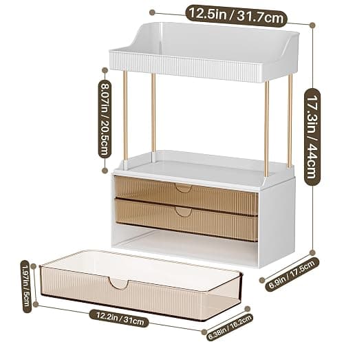 caktraie Bathroom Organizers and Storage - 3 Drawers 2 Tier Makeup Organizer, Cosmetic Storage Drawer for Dresser Countertop and Bathroom Vanity for Large Skincare, Perfume, Amber thumbnail 2