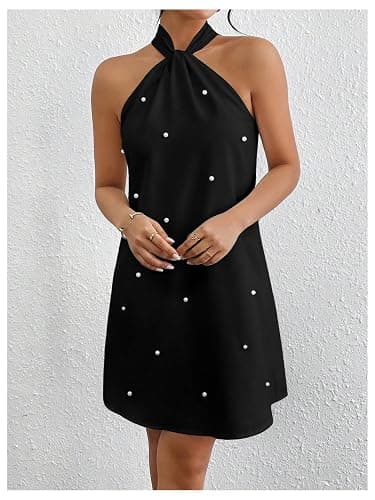 Floerns Women's Pearl Beaded Halter Twist Sleeveless Tie Back Dress A Line Dress thumbnail 6