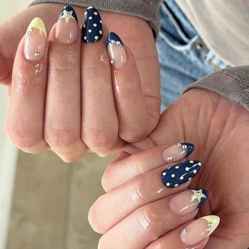 octoswave Press on Nails Long Almond Shape Star and Polka Dot Design Celestial Navy Blue French Tip False Nails for Women Party and Prom Night 24 Pcs thumbnail 4