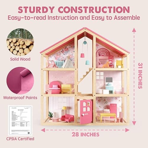 Tiny Land Wooden Dollhouse for Girls - 6 Rooms Wooden Doll House, DIY Pretend Doll House with 31Pcs Furniture Accessories, Creative Gift for Girl Ages 3+ thumbnail 2