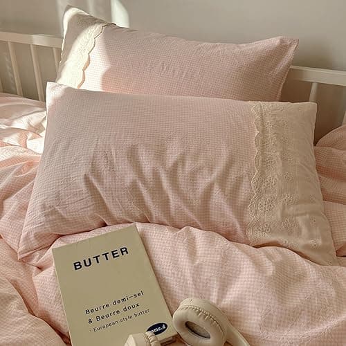 VM VOUGEMARKET Pink Duvet Cover with White Lace Twin Kids Pink Plaid Gingham Duvet Cover Set for Girl's College Dorm Soft Lightweight Cozy Bedding Set thumbnail 8