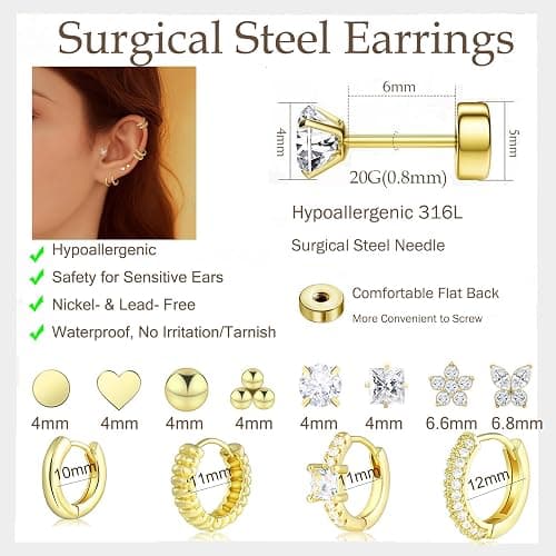 Wgoud 12 Pairs Hypoallergenic Surgical Steel Earrings for Sensitive Ears Waterproof Trendy Gold Plated Small Stud Flat Back Stainless Steel Earrings for Women Men Hoop Cartilage Earring Set for Multiple Piercing thumbnail 6