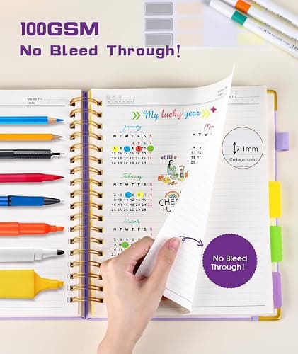 Hardcover Spiral Notebook journal with Removable Dividers Tabs, 300 Pages Leather 5 Subject Notebook College Ruled, 8"x10" Large B5 Notebooks for Work School Note taking,Lined Journal for Women,Purple thumbnail 6