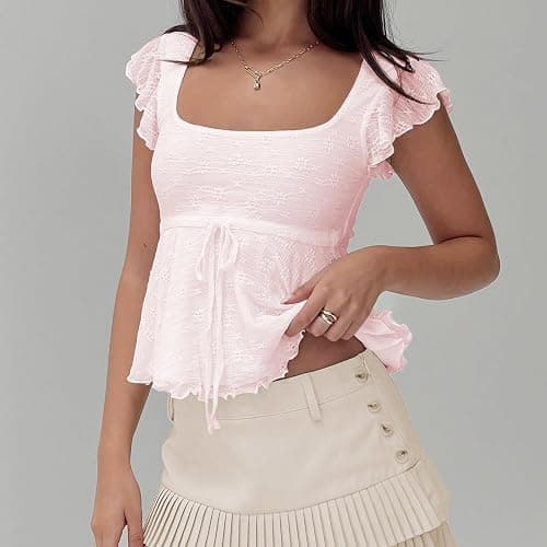 Women Flowy Babydoll Tops Ruffle Sleeveless Square Neck Tie Front Summer Going Out Frill Lace Tops for Teens thumbnail 2