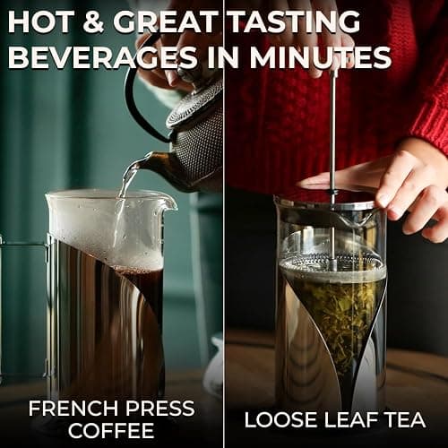 Cafe Du Chateau Stainless Steel French Press Coffee Maker 34 oz - Easy to Use Insulated Coffee Press with 4-Level Filtration, Manual Brewer for Tea, Camping & Travel with BPA Free, Durable Clear Glass thumbnail 7