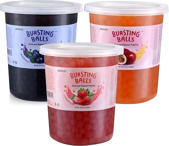 BREXONIC Popping Boba Pearls Bursting Tea Balls Drink & Dessert Topping Strawberry Mango Blueberry Passion Fruit Flavored Bubble Tea Tapioca Pearls (Strawberry, Passion Fruit, Blueberry, 2 LB 3 Pack) - Image 1
