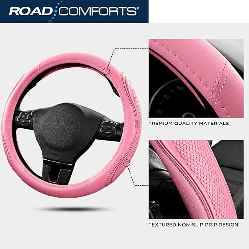 Road Comforts Car Steering Wheel Cover - Microfiber Leather Steering Wheel Wrap Sports 14.5-15 Inch Steering Wheel Cover Non-Slip for Men Women Pink & Pink Color thumbnail 4
