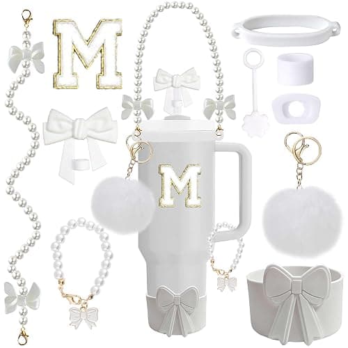 Accessories Set for Stanley Cup 30&40oz, Bow Strap, Boot & Toppers White M | 10PCS set with pearl bow strap, letter charm, silicone boot, straw topper and spill proof stoppers for tumbler decor - Image 1