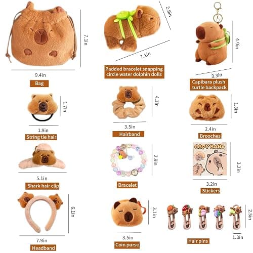 Mangpung Capybara Plush Gifts Set, Include Keychain,Slap Bracelet,Bag,Hair clip/tie/Pins,Brooches Pins,Coin Purse thumbnail 2