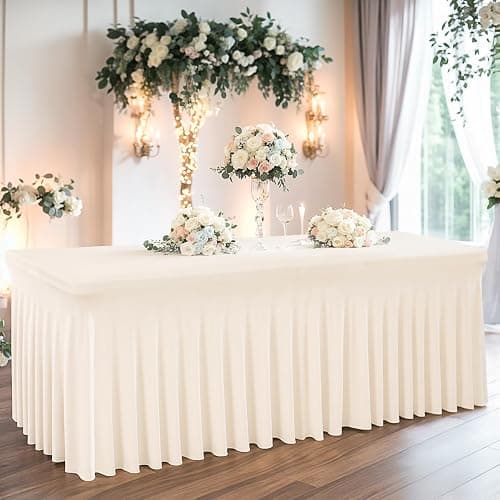 2 Packs Ivory Spandex Table Clothes for 6 Foot Rectangle Table, Spandex Table Covers 6FT Stretch Table Skirts Rectangle Tables Wrinkle Free Fitted Table Cover for Event, Wedding, Banquet & Parties - Image 1