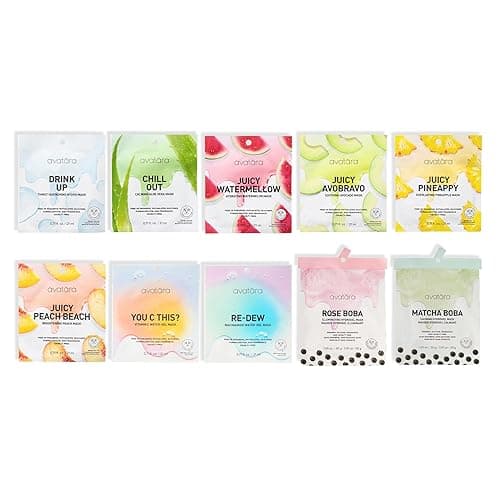 Avatara Sheet Mask Set, Facial Mask Variety Set of 10, Face Mask Skincare with Natural Extracts, Hydrating Face Mask Skin Care Set, Made with Tencel Fibers, All Skin Types, Teen Skincare, 10 Pack - 1 Count (Pack of 10) - Variety Set of 10