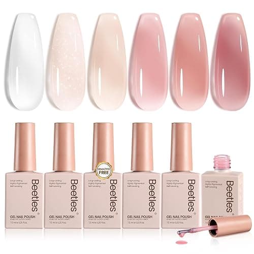 beetles Gel Polish Whispers of Love Jelly Gel Nail Polish Set, 6 Colors | Milky White Nude Pink Neutral Sheer Translucent Soak Off UV Gel Nail Kit, Nail Concealer for Salon DIY Manicure Gift Women - Image 1