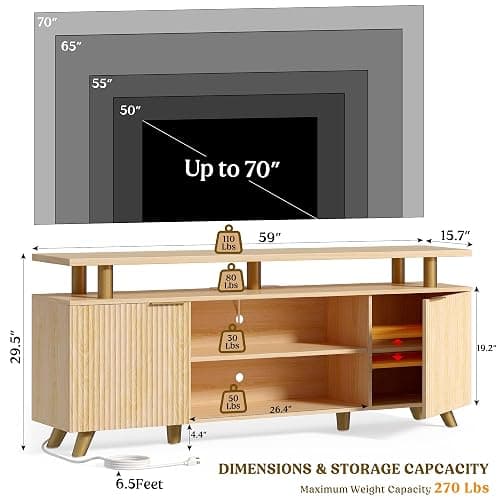 Lulive Modern TV Stand for 55/60/65/70 inch Television, Entertainment Center with Wooden Storage Cabinets and Power Outlet，Media Console for Living Room Bedroom (Natural Oak) thumbnail 2