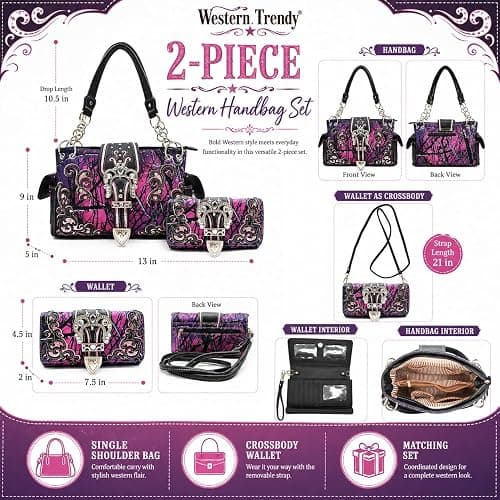 Western Trendy Camouflage Purse Country Handbag and Wallet Set for Women | Rhinestone Buckle, Side Pockets & Convertible Wallet Carry thumbnail 3