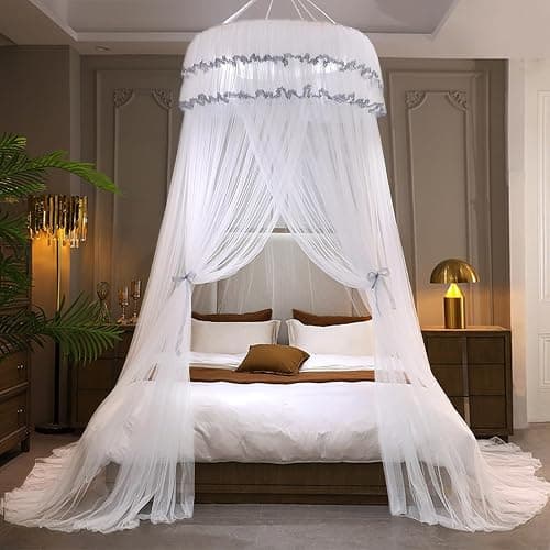 Kertnic Mosquito Net Bed Canopy for Girls, Princess Canopy Bed Curtain Fine Sheer Mesh Dome Bed Canopies, Girls & Adults Lace Tent for Twin Full Queen King Bed (White) thumbnail 4