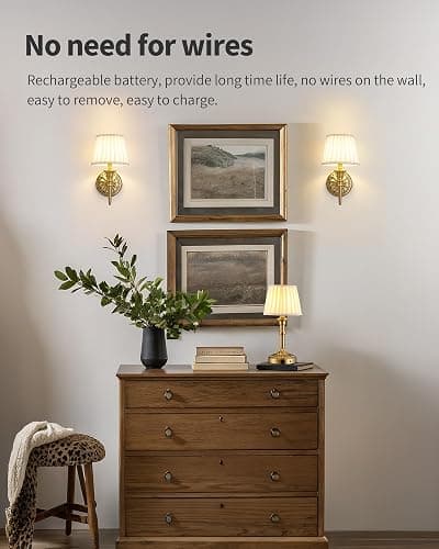 KDG Cordless Wall Sconces Set of 2, Small Wireless 5200mAh Rechargeable Battery Fabric LED Wall Lamps, Portables Lightings for Wall Painting, Living Room, Bedroom, Hallway, Gifts, Night Light (Gold) thumbnail 3