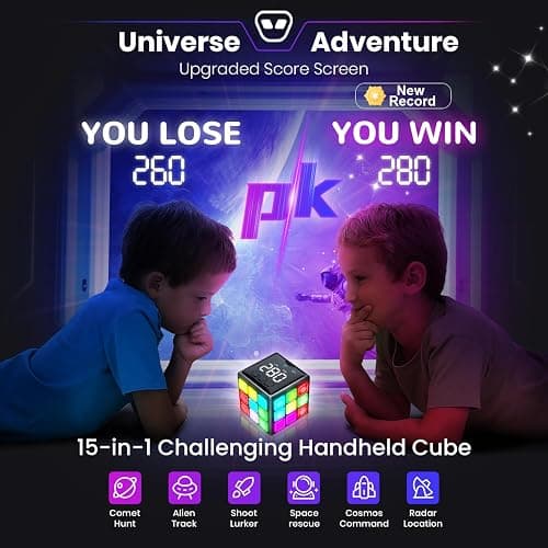 Xinbeiya Rechargeable Handheld Cube with Games - 15 Fun Brain & Memory Games with Score Screen for Kids Teens - Christmas Easter Birthday Gifts for Boys Girls Ages 6-12+ Years Old (Black) thumbnail 4