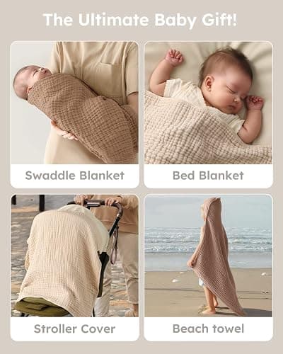 Yoofoss Hooded Baby Towels for Newborn 2 Pack 100% Muslin Organic Cotton Baby Bath Towel with Hood for Babies, Infant, Toddler and Kids, 32x32Inch, Soft and Absorbent Newborn Essential, Beige&Coffee thumbnail 6
