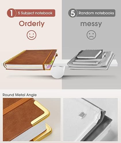 Hardcover Spiral Notebook journal with Removable Dividers Tabs, 300 Pages Leather 5 Subject Notebook College Ruled,A5 Notebooks for Work School Note taking,Lined Journal for Women,A5 Light Brown thumbnail 4