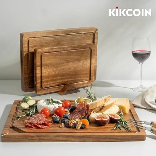 Kikcoin Wood Cutting Boards for Kitchen, 3 PCS Wooden Cutting Board Set with Holder, Chopping Board with Built-In Compartments and Juice Groove, Solid Charcuterie Board Serving Tray Wood Butcher Block thumbnail 2