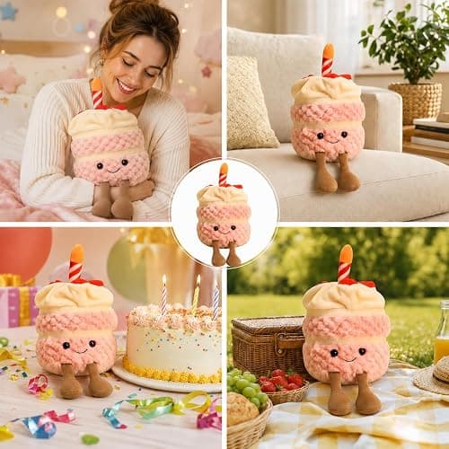 Aguwgax 1-Piece Birthday Cake Plush Toy, Pink Smiling Cake Room Decor | Soft Food Plushies for Bedroom Sofa Decoration and Birthday Gift thumbnail 7
