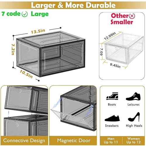 7 code Thicken & Sturdy Clear Shoe Storage Organizer with Magnetic Door, Stackable Boxes for Closet, Foldable Shoe Rack for Sneaker Boot Container, Plastic Shoe Cabinet Shoe Box 6 Pack, Black thumbnail 3