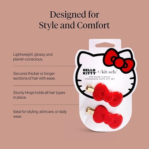 Hello Kitty x Kitsch Creaseless Hair Clips for Women - No Crease, No Bend Hair Clips for Styling, Bangs, Makeup Application, Face Wash | Durable Plastic - Red Bow Design | Ideal Gifts for Women, 2pc thumbnail 5