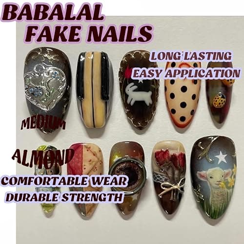 BABALAL Press on Nails Medium Almond Fake Nails Colorful Anime Glue ons Design Rabbit Sheep Flower Y2k Manicure Supplies Handmade Art 24Pcs Glossy Custom Full Cover Acrylic False Nails for Women Girls thumbnail 6