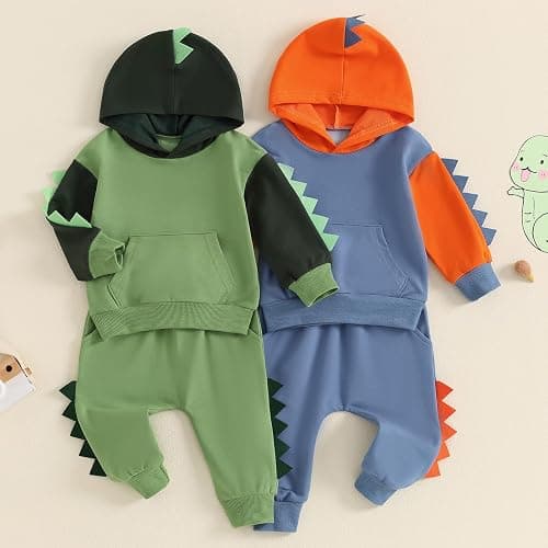LIOMENGZI Infant Baby Boy Hooded Dinosaur Fall Outfit Contrast Sweatshirt Pant Set Toddler Dinosaur Clothes 6 12 18 Months 2T thumbnail 5