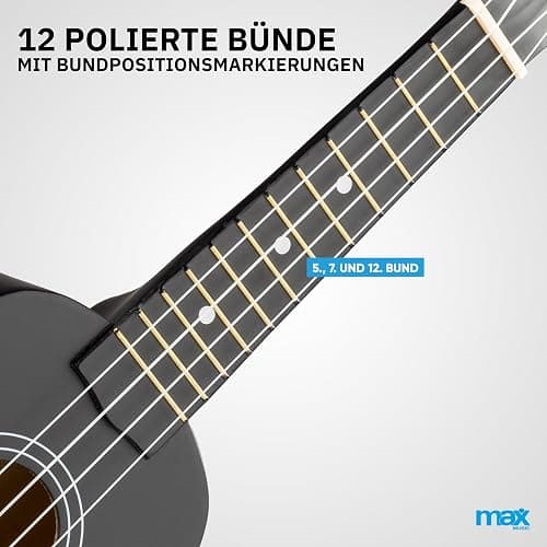 MAX UKEY Ukulele Komplett Set inkl. Plektren, digitalem Stimmgerät und Tasche, 21" mini Gitarre, Ukulele Erwachsene mit Zubehör für Anfänger, Soprano, 4 Nylon Saiten, 12 Bünde - Schwarz thumbnail 5