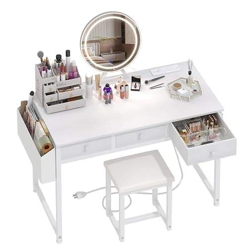 Lufeiya White Makeup Vanity Desk with Mirror and Lights, 40 inch Make Up Vanity Desks with Fabric Drawers & Power Outlet, Dressing Table and Chair Set for Girls Bedroom, White - Image 1