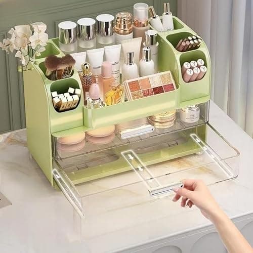 Makeup Organizer with Drawers for Vanity,Bathroom Countertop Organizer with Brushes Holder,Skincare Storage Organizer,Perfect Cosmetic Display Case for Skincare,Lipstick and Beauty Essential (Green) thumbnail 4