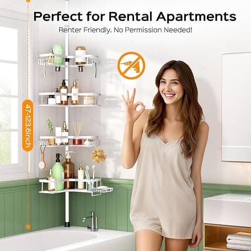 HAMITOR 4-Tier Bathtub Shower Caddy, Tension Pole Corner Shelves, White | Rustproof L-Shaped Adjustable Organizer, No-Drill Bathroom Accessories with Hooks, Space-Saving For Apartment, Renters thumbnail 7