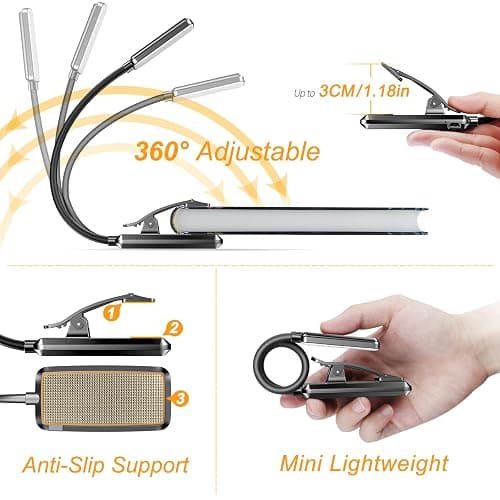 Gritin 9 LED Rechargeable Book Light for Reading in Bed - Eye Caring 3 Color Temperatures,Stepless Dimming Brightness,80 Hrs Runtime Small Lightweight Clip On Book Reading Light for Studying - Black thumbnail 5