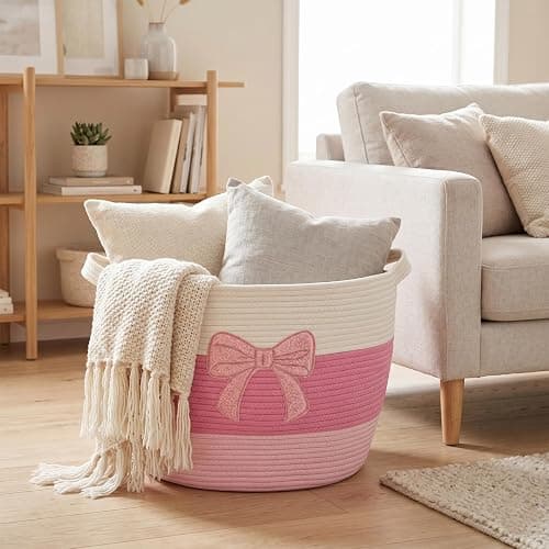 Laundry Basket Hamper for Clothes Blanket Stuffed Animal Storage Kids Pink | Blanket Storage Clothes Hamper Bow Woven Basket with Handles 55L for Girl Cute Aesthetic Room Laundry Nursery Decor Aesthetic thumbnail 9